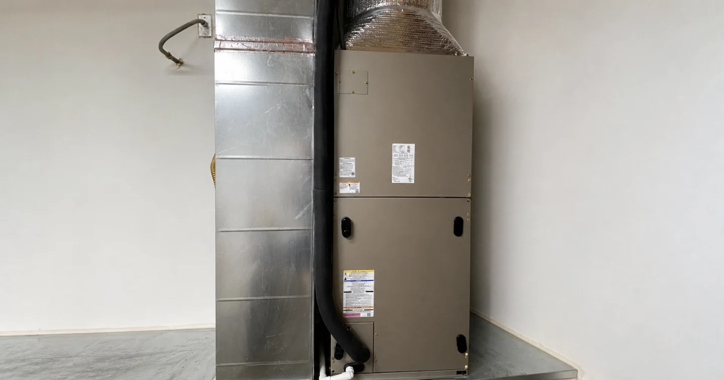Indoor heat pump air handler and ductwork in an Arizona home.