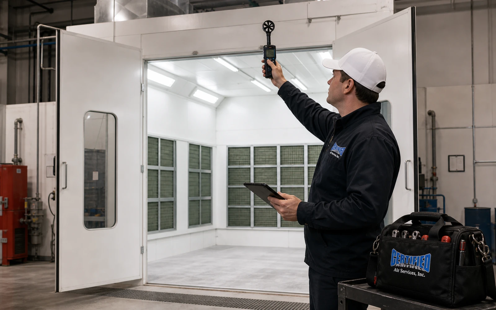 Certified Air Services Arizona technician checking an industrial paint booth in a facility.