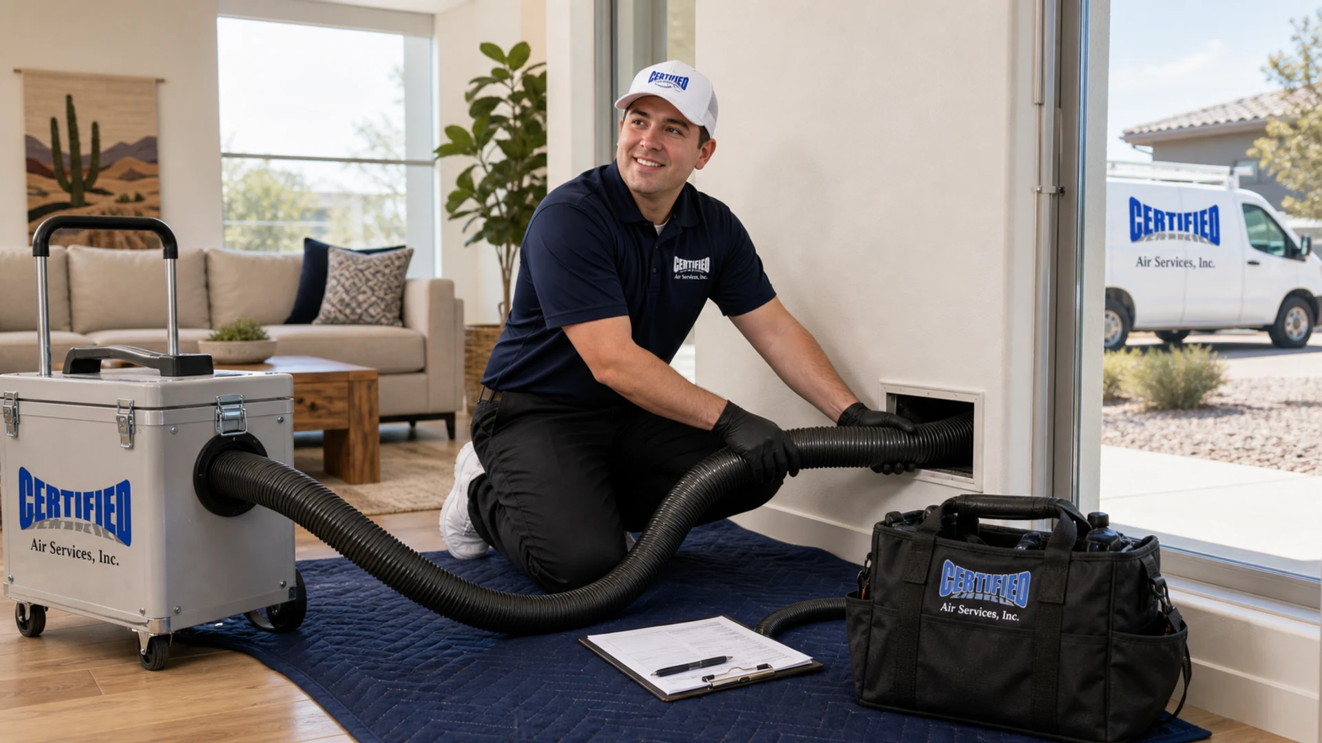 Certified Air Services Arizona duct cleaning equipment connected to residential ductwork.