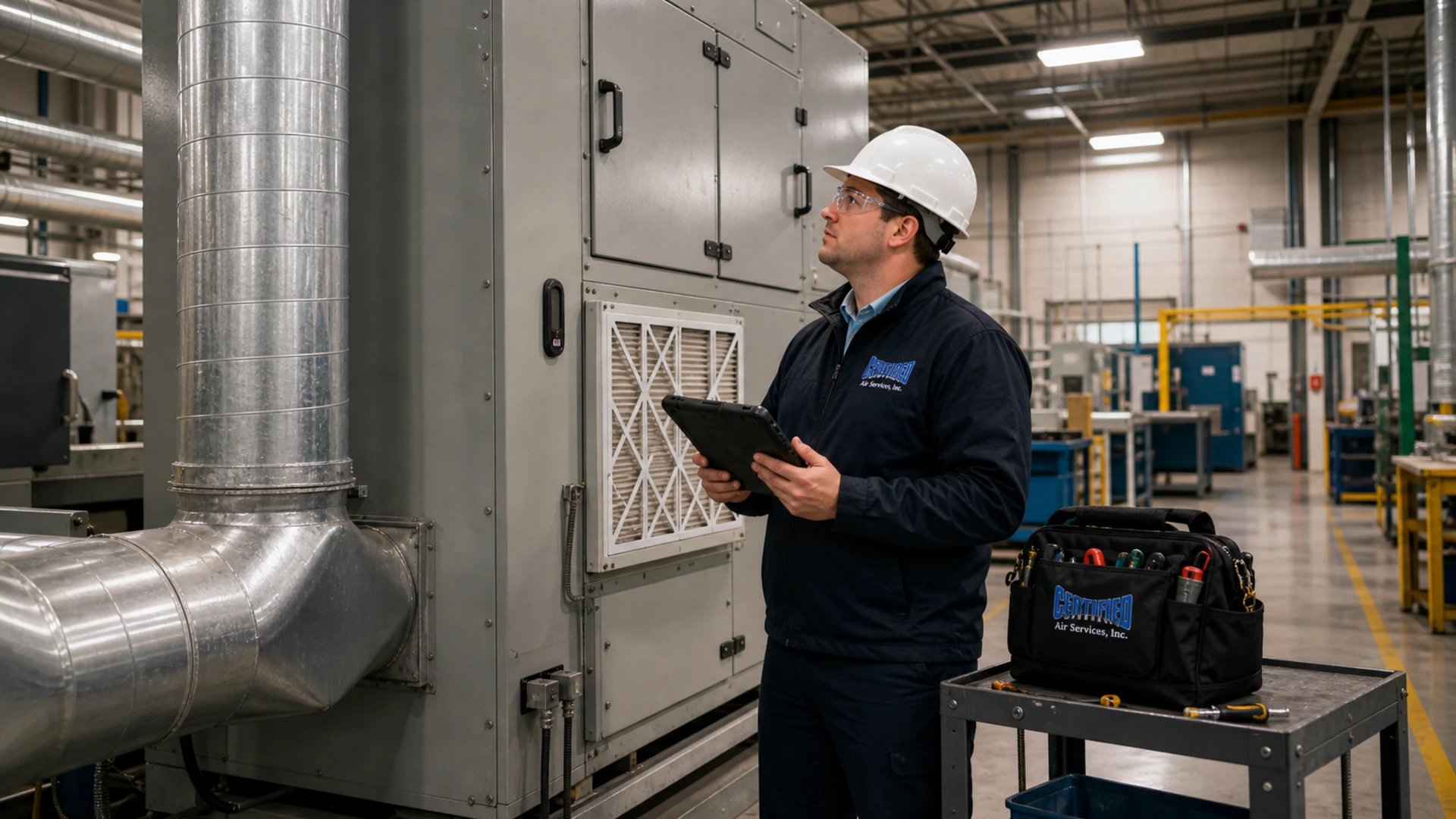Certified Air Services Arizona technician inspecting industrial air quality equipment in an Arizona facility.