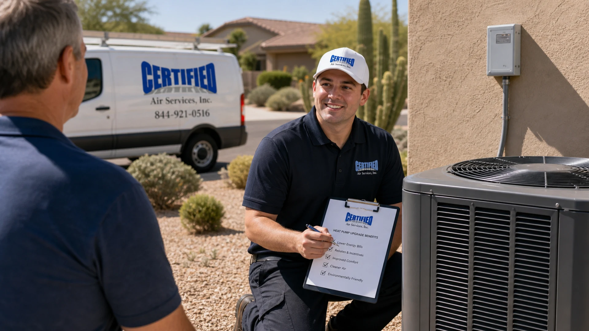 Energy-efficient heat pump equipment outside an Arizona home.